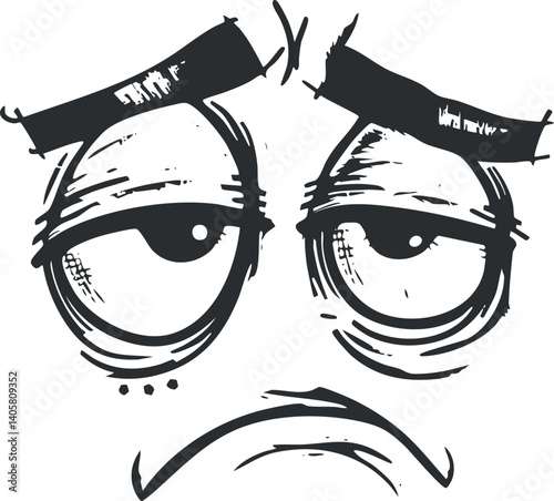 A cartoon-style illustration of a sad face with exaggerated features and expressive eyes.