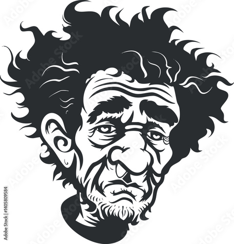 A unique illustration of a man with wild hair and an expressive face conveying strong emotion.