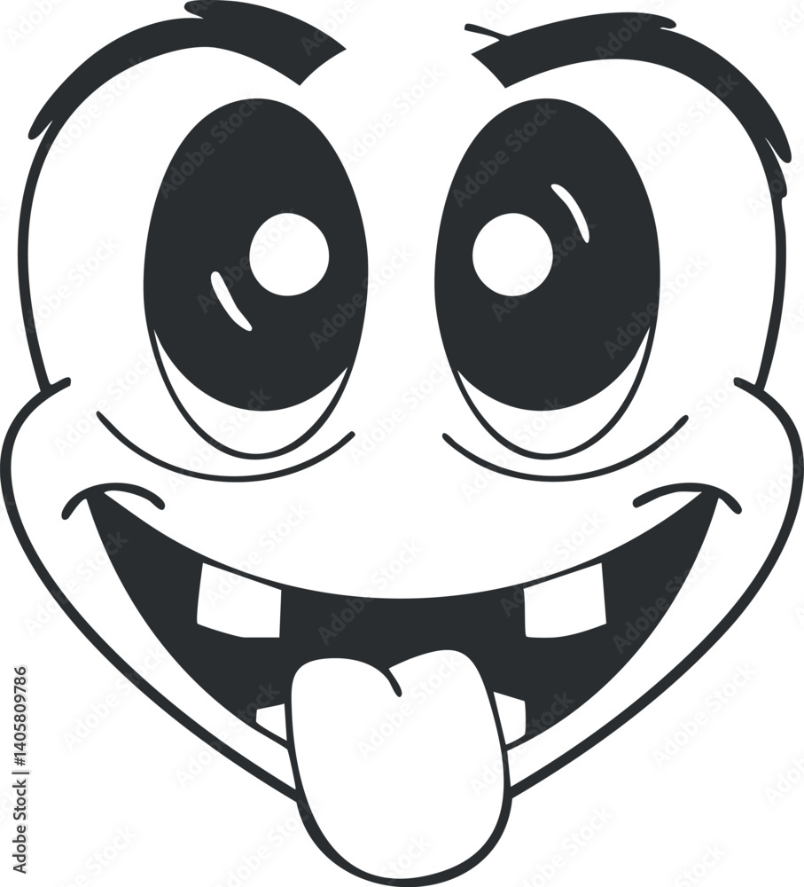 A playful cartoon smiley face with big eyes and sticking out tongue expressing joy. A playful cartoon smiley face with big eyes and sticking out tongue expressing joy.