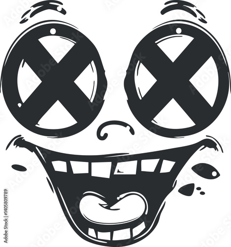 A playful cartoon smiley face with exaggerated features and humorous expression.