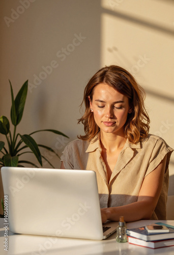 Young woman focused on laptop working in a bright indoor space -  