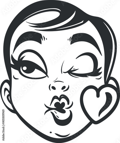 A playful cartoon character with a winking expression and cheeky smile, showcasing fun emotions.