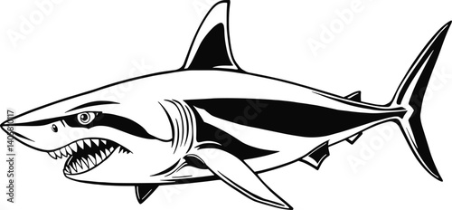 Detailed Black-and-White Illustration of a Sleek and Menacing Shark with Bold Contrast
