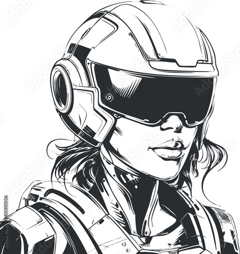 Futuristic female character in a helmet showcasing a blend of technology and style.