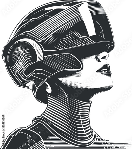 Futuristic illustration of a female avatar wearing a high-tech virtual reality headset.