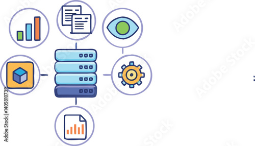 Data Organization and Analytics Icons: A striking visual depiction of interconnected data, with the central server acting as the backbone.