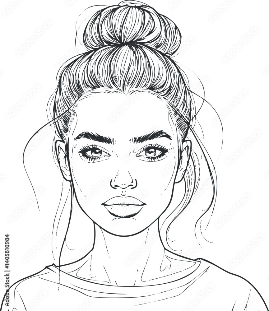 Stylized line art portrait of a young woman with a bun hairstyle and expressive features. Stylized line art portrait of a young woman with a bun hairstyle and expressive features.