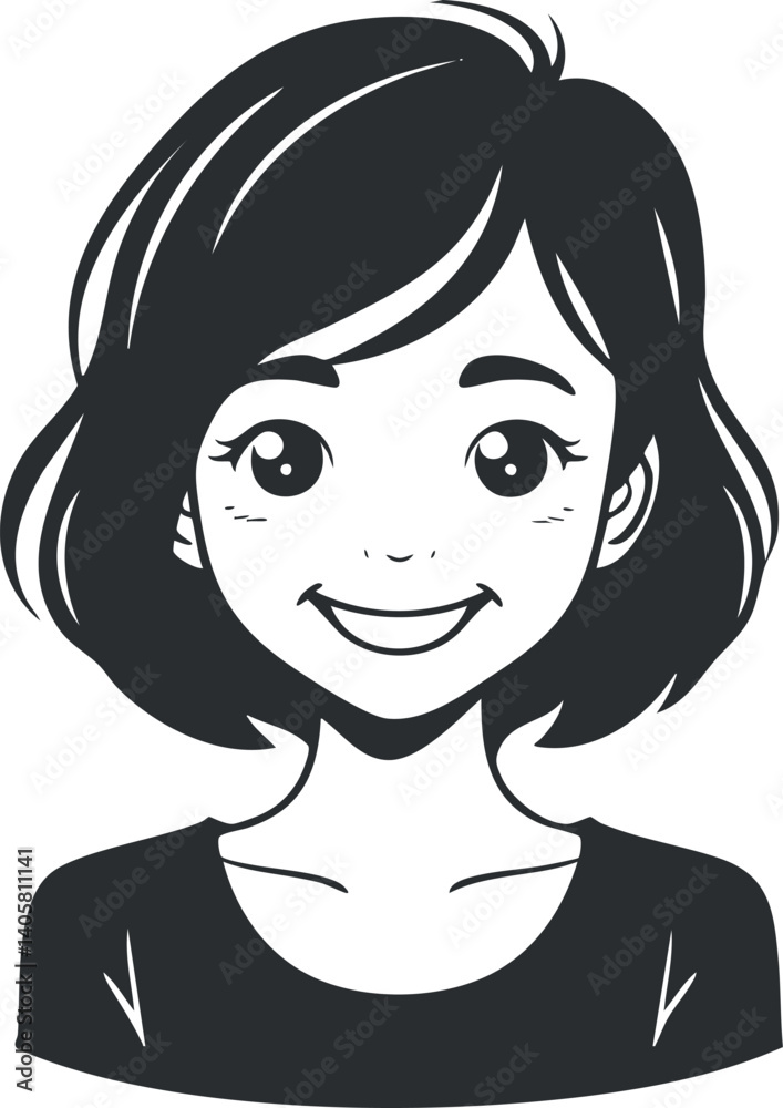 A cheerful cartoon illustration of a smiling girl with a youthful and friendly appearance. A cheerful cartoon illustration of a smiling girl with a youthful and friendly appearance.