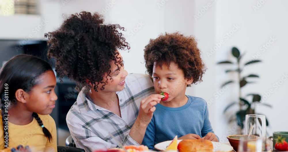 Woman, food and feeding the kids, love and sharing breakfast or eating together. Happy mother and son, nutrition and strawberry for vitamins, healthy meal and fruit or family, wellness and smile