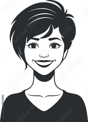 A cheerful black and white portrait illustration of a smiling woman with stylish hair.