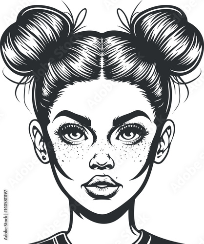 Stylized black and white portrait of a young girl with freckles and playful hairstyle