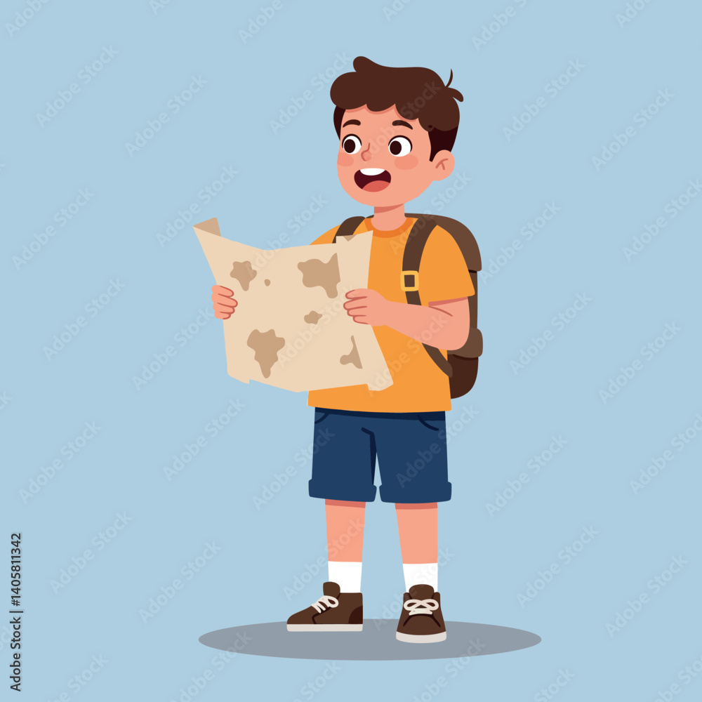 A cheerful boy holding a treasure map while wearing a backpack in a flat vector illustration, conveying excitement and adventure in a playful scene A cheerful boy holding a treasure map while wearing a backpack in a flat vector illustration, conveying excitement and adventure in a playful scene