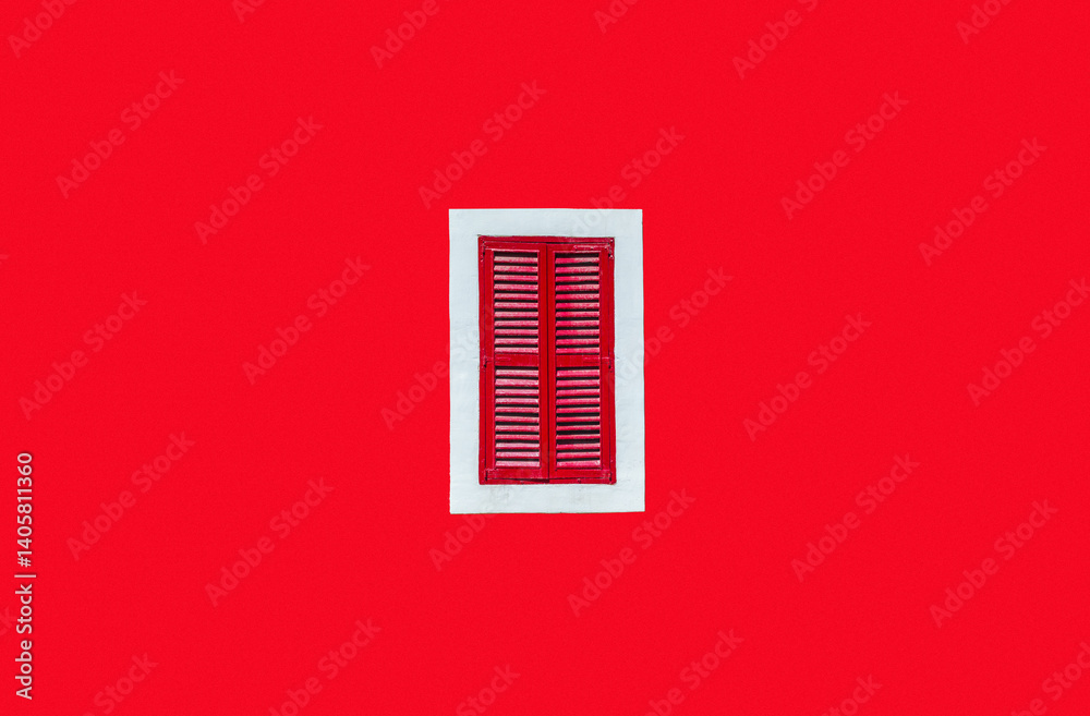 Plain red wall with a red window in a white frame in the middle of the shot