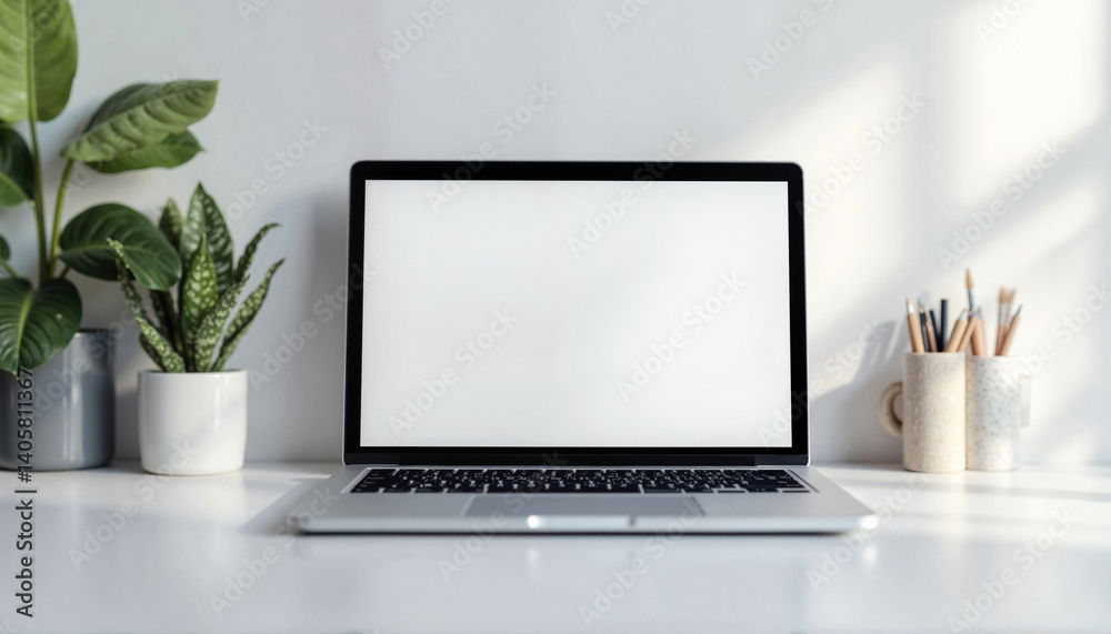 Fototapeta premium Minimalist laptop setup with greenery, modern workspace aesthetics