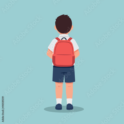 A young boy with a red backpack standing confidently against a soft blue background in a flat vector illustration