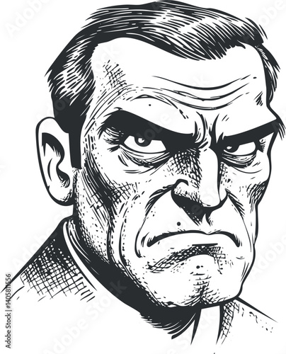 A vintage illustration of an angry man with an intense expression and detailed features.