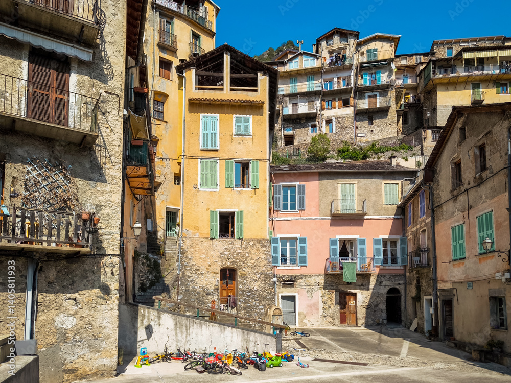 Fototapeta premium Picturesque Streets and Colorful Houses of Saorge Village: A Charming Snapshot of the Southern French Countryside