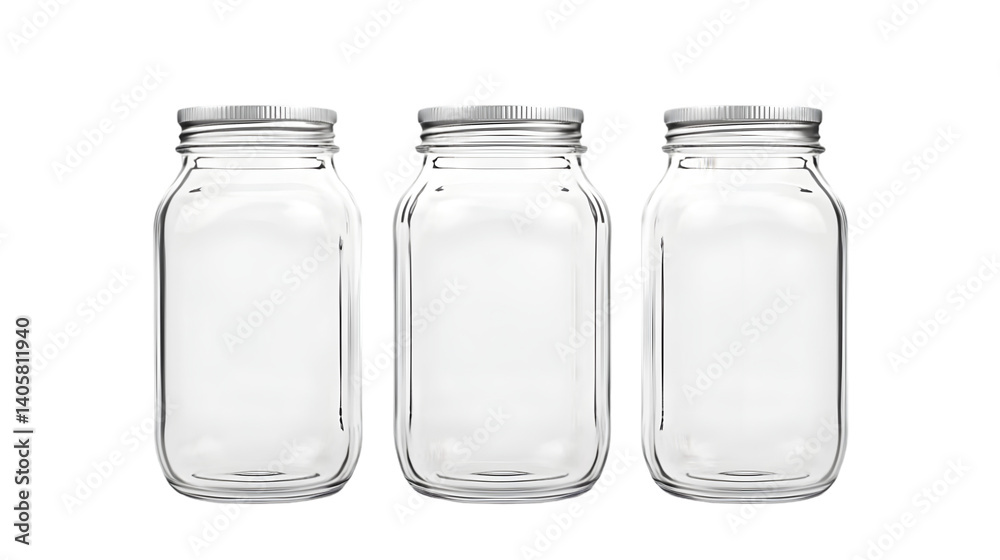 Three Empty Glass Jars Isolated on Transparent Background Illustration Three Empty Glass Jars Isolated on Transparent Background Illustration