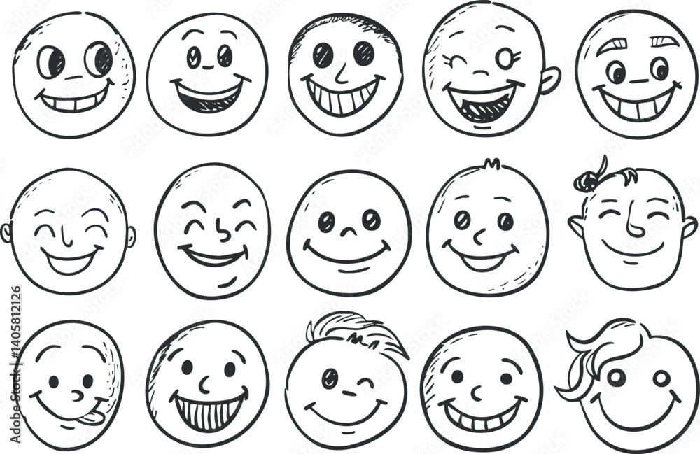 A collection of cartoon faces showcasing various happy and playful expressions in simple line art. A collection of cartoon faces showcasing various happy and playful expressions in simple line art.