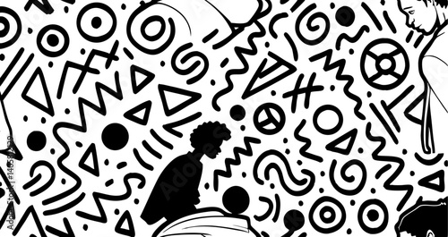 Abstract Black and White Pattern: A stylized illustration featuring abstract shapes, lines and a minimalist human figure, creating a visually striking and modern design.  