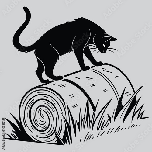 A cat curled up on a hay bale image silhouette vector art and illustration