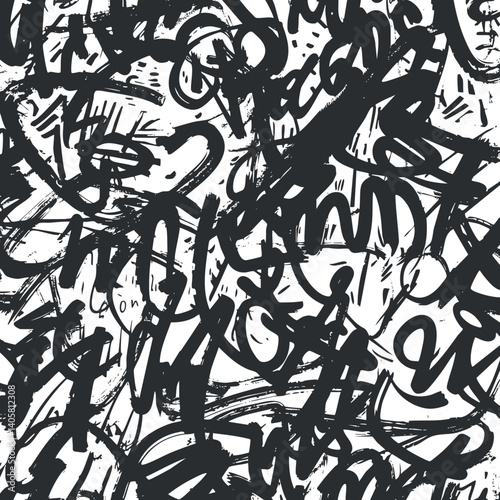 An abstract monochrome pattern featuring chaotic scribbles and expressive calligraphy in black and white.
