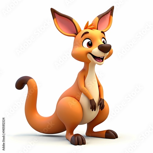 Cartoon kangaroo with big ears and a long tail standing on a white background smiling sweetly