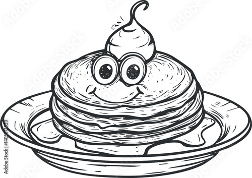 A whimsical illustration of smiling pancakes topped with cream on a plate.
