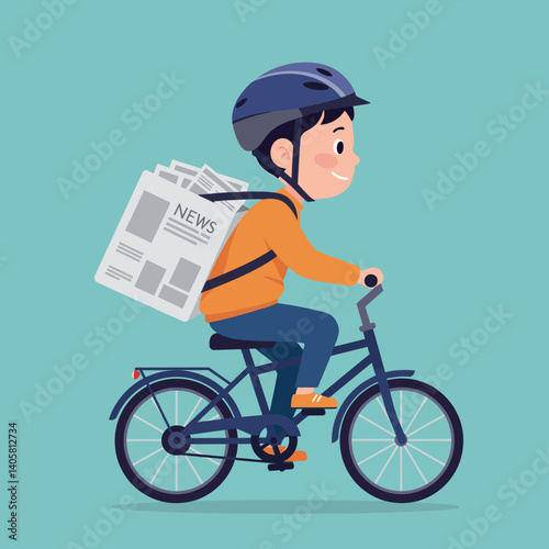 A young boy riding a bicycle with a backpack full of newspapers in a cheerful flat vector illustration