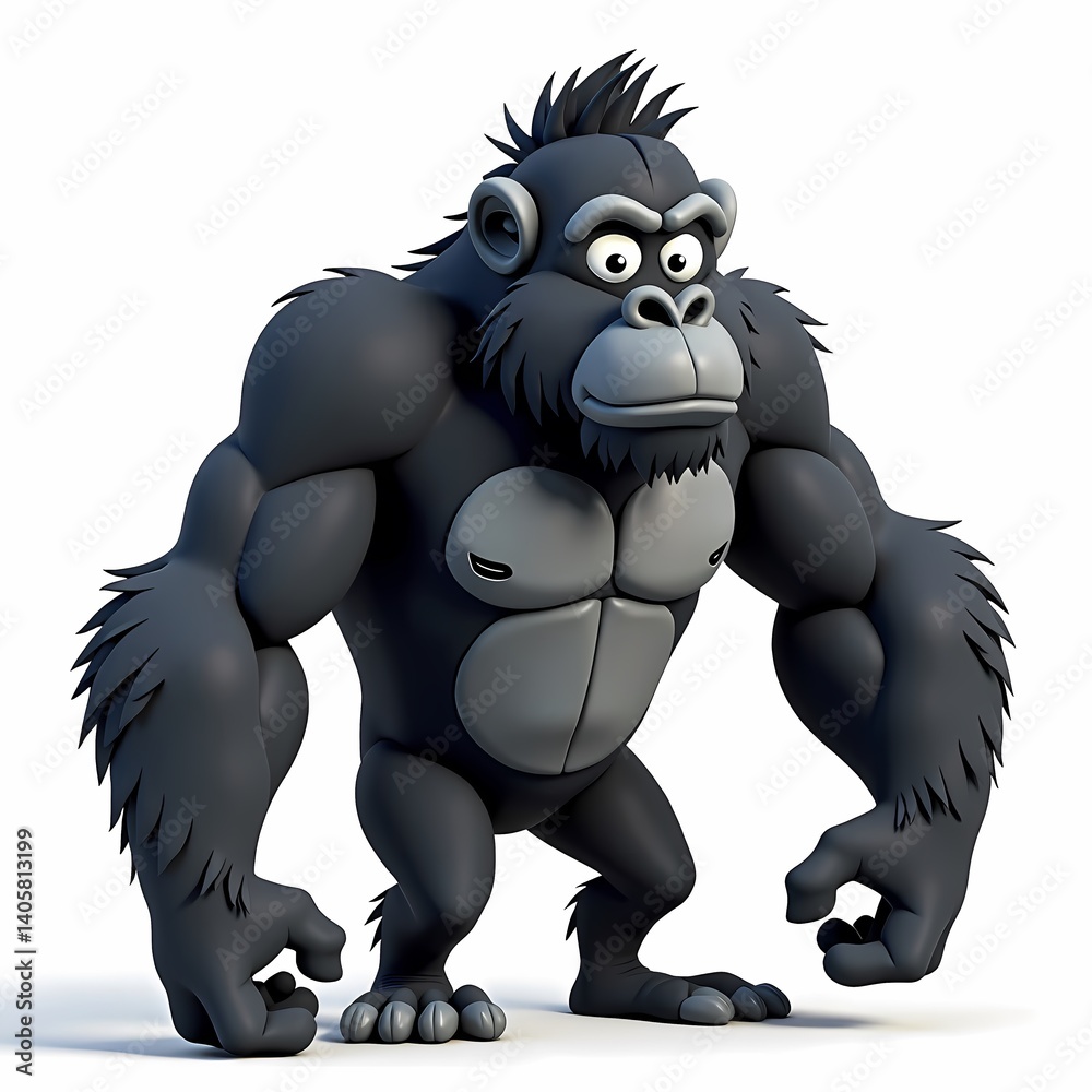 Naklejka premium A cartoon gorilla standing on a white background with a funny expression and big muscles
