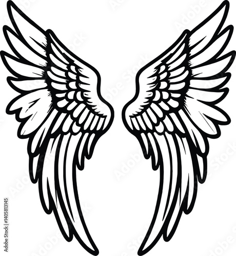 Detailed High-Definition Illustration of Elegant Angel Wings with Intricate Feathers