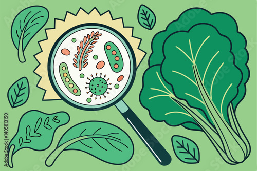 7 Magnifying glass revealing colorful bacteria and microorganisms, vibrant green vegetables background, scientific illustration, detailed microbes, petri dish, biology textbook art, high contrast, mac