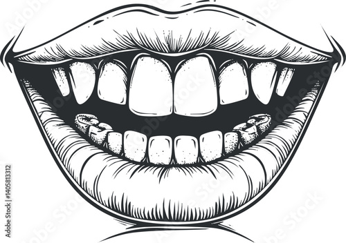 A whimsical illustration of a smiling mouth with prominent teeth and cheerful expression.