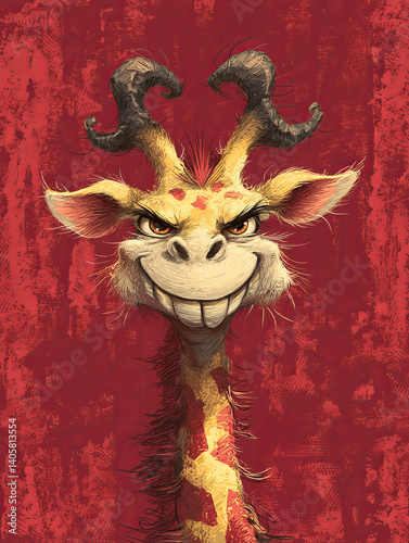 Childlike illustration of a cute, cheeky giraffe with a devilish smile.