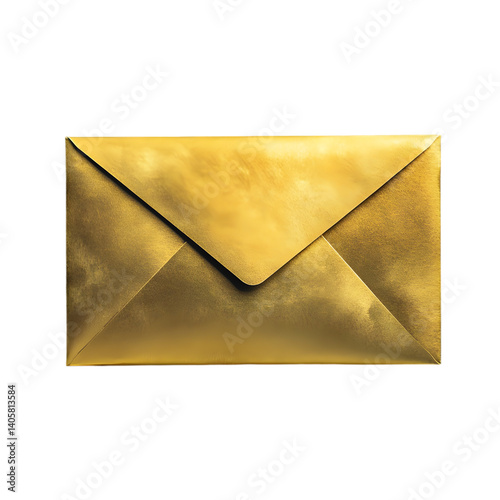 A golden envelope isolated on black background with triangular flap and rectangular body visible in the frame