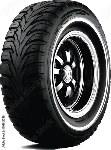 Detailed Black-and-White Illustration of a Classic Car Tire with Bold Tread Pattern