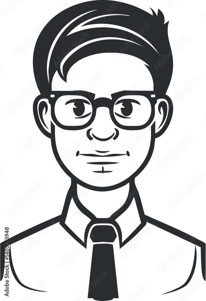 A stylish cartoon illustration of a young professional man wearing glasses and a tie. A stylish cartoon illustration of a young professional man wearing glasses and a tie.