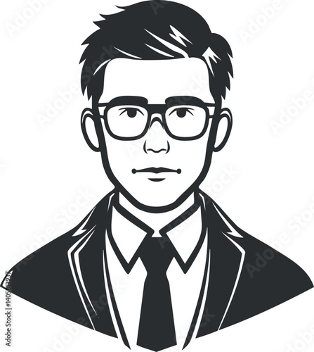 Stylish young man in glasses and suit, exuding confidence in a professional portrait illustration.