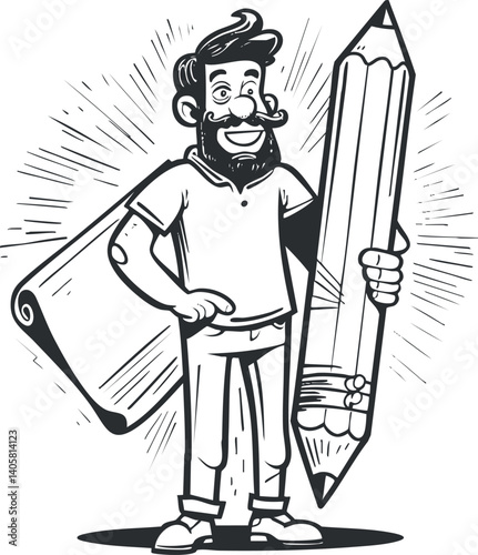 A cheerful cartoon artist holding a large pencil and a blueprint roll in a creative pose.