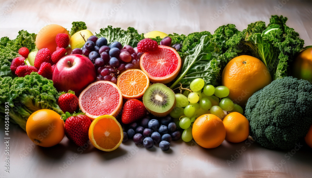 vibrant medley of colorful fruits and fresh kale for healthy living vibrant medley of colorful fruits and fresh kale for healthy living