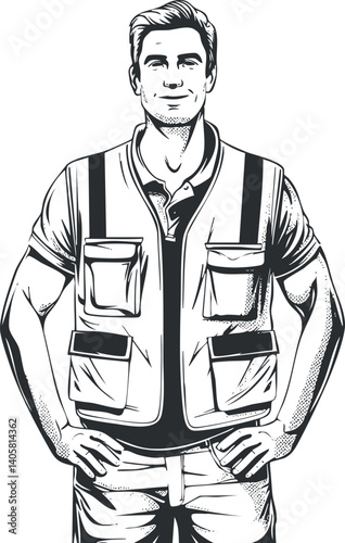 Illustration of a confident man in a safety vest posing for a portrait in a professional setting