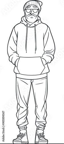 Casual illustration of a young man wearing a hoodie and sweatpants in urban style.