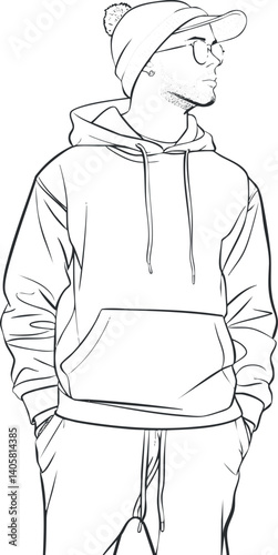 A stylish man wearing a hoodie and cap, depicted in a minimalistic black and white illustration.
