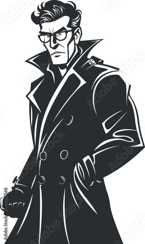 Stylized black and white illustration of a confident man in a trench coat and glasses