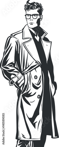 Stylish man in a trench coat, exuding confidence and sophistication in a black and white illustration.