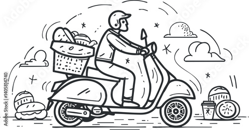 A cheerful scooter delivery driver transporting food in a basket through a lively urban scene.