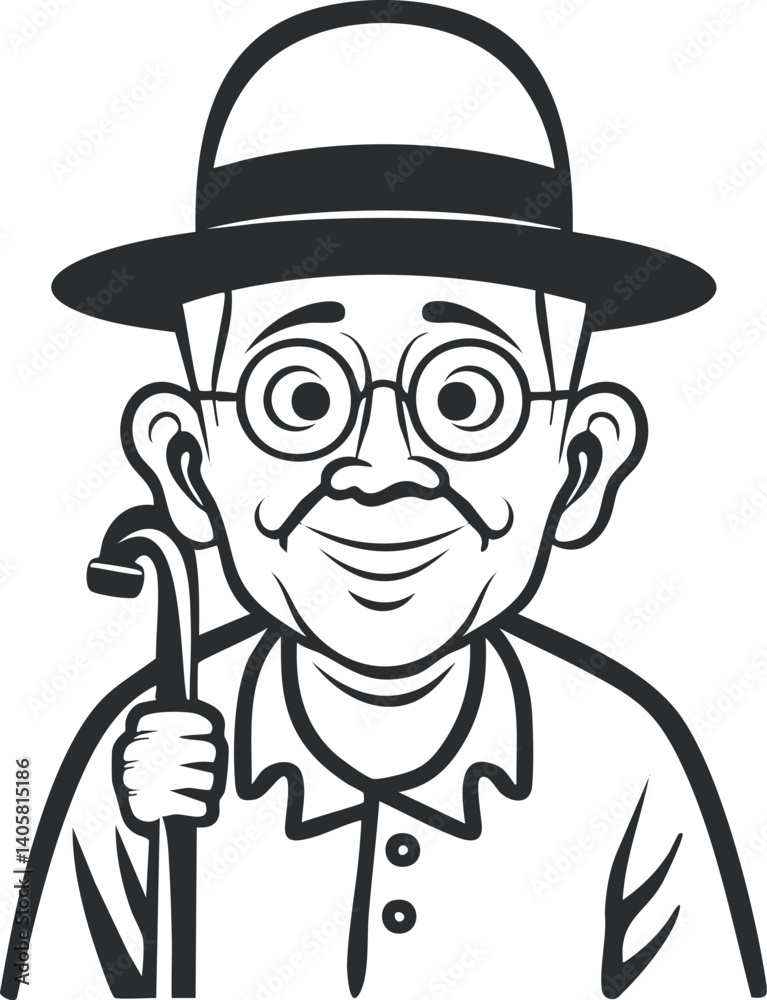 Fototapeta premium A cheerful elderly man with glasses and a hat holding a walking stick in a friendly pose.