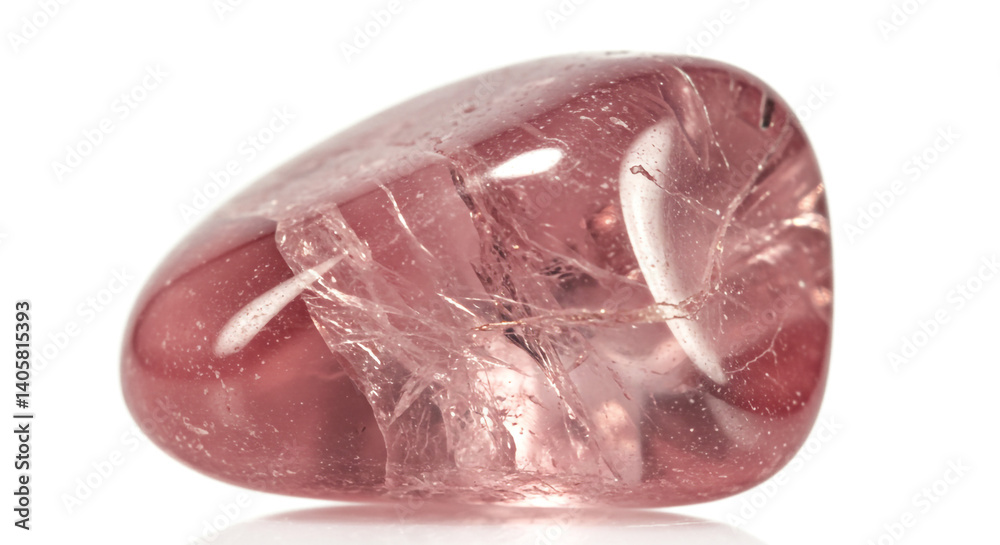 A captivating rose quartz tumbled stone, showcasing its delicate inner structure and soft pink hues against a bright white background. A captivating rose quartz tumbled stone, showcasing its delicate inner structure and soft pink hues against a bright white background.