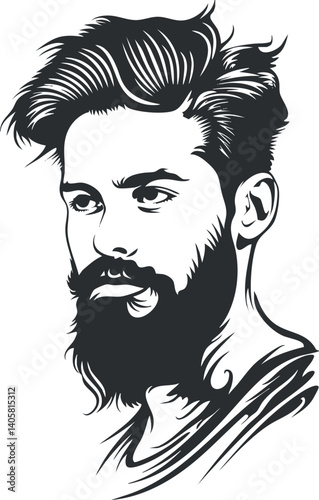 Stylized black and white portrait of a handsome man with a beard and modern hairstyle.