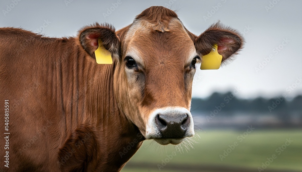 Headshot of a Dutch brown cow with yellow eartag Headshot of a Dutch brown cow with yellow eartag
